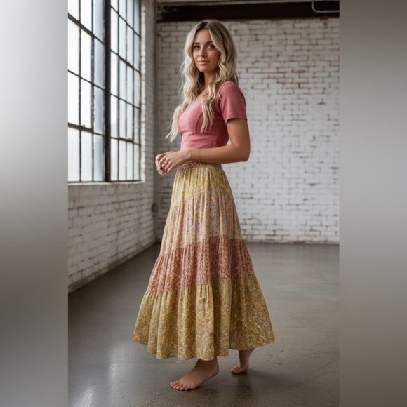 NWT Angie Clothing Boho Floral Print Mixed Media Maxi Skirt - Picture 3 of 14